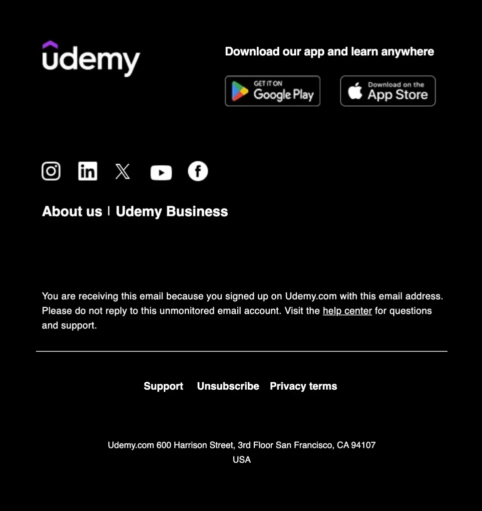 udemy email footer example
